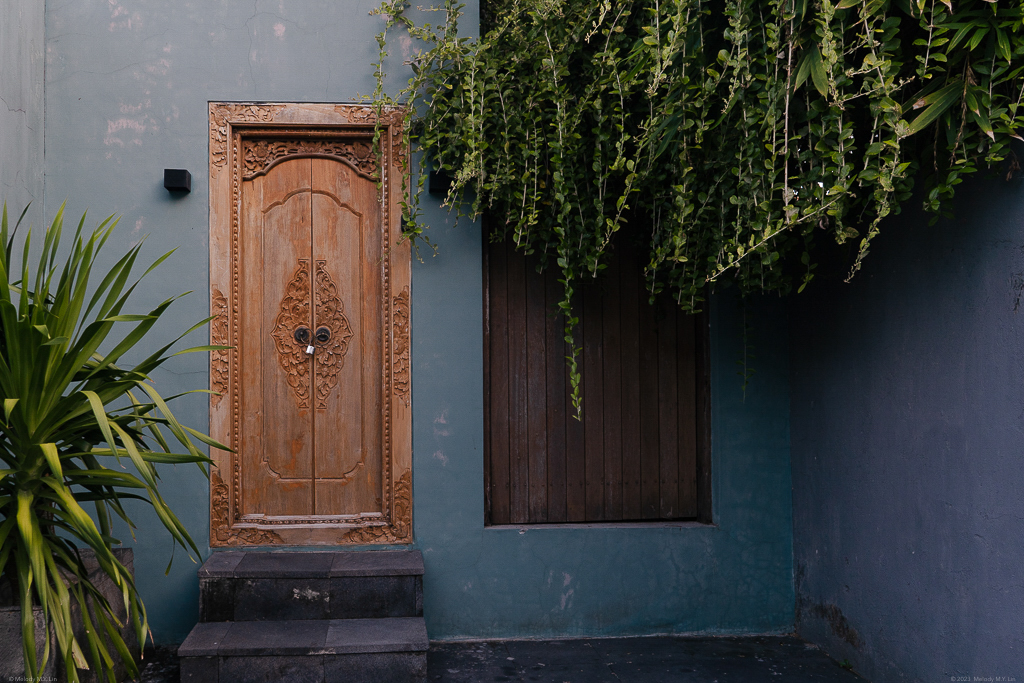 intricate wooden door framed by ivy and blue walls