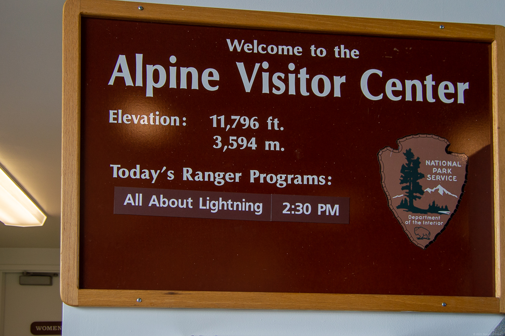The sign at Alpine Visitor Center stating that it is at elevation 11,796ft