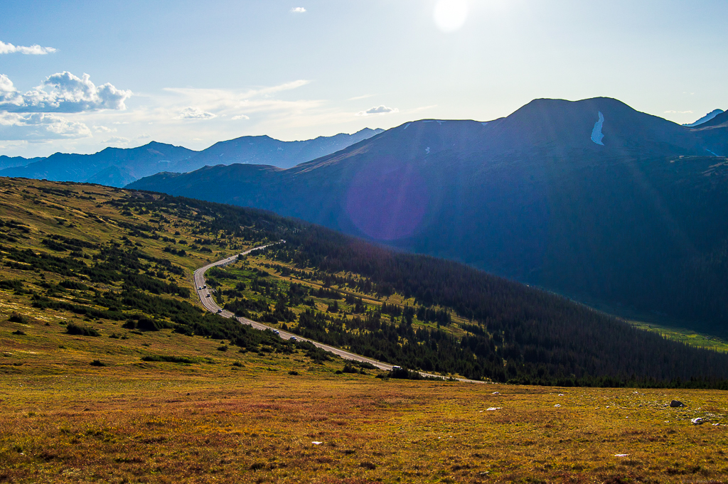 Cars look small driving up Trail Ridge Road, mountains and forest are the surrounding scenery