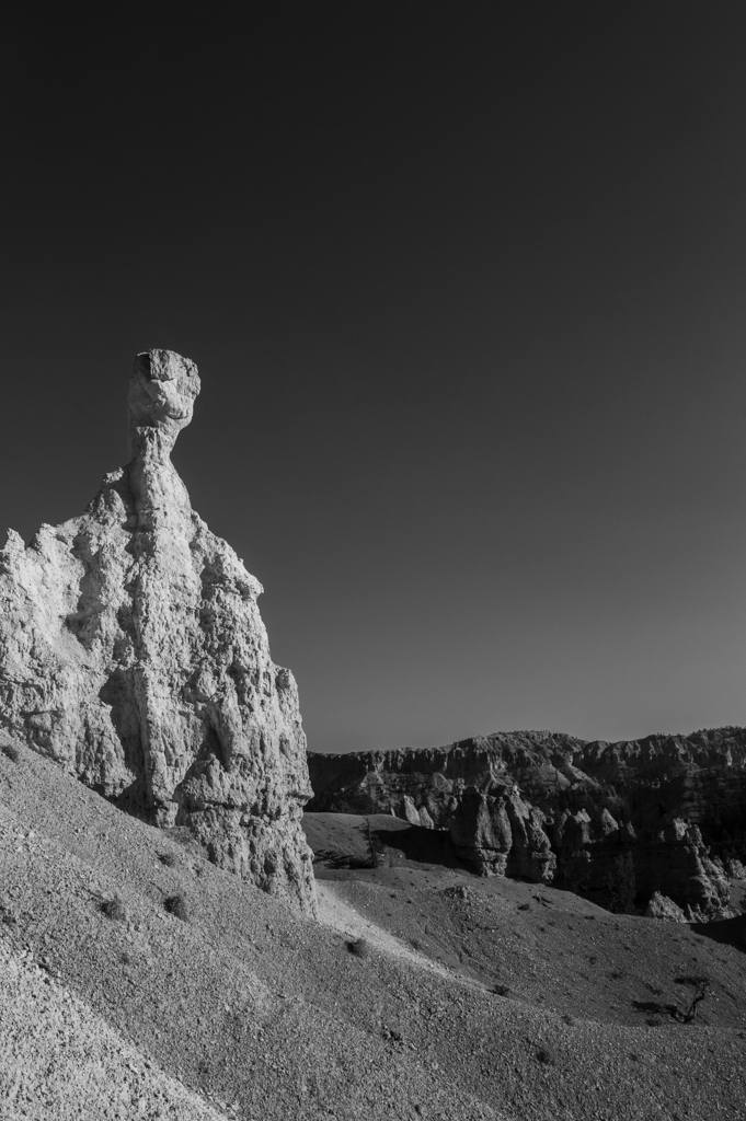 A hoodoo in black and white