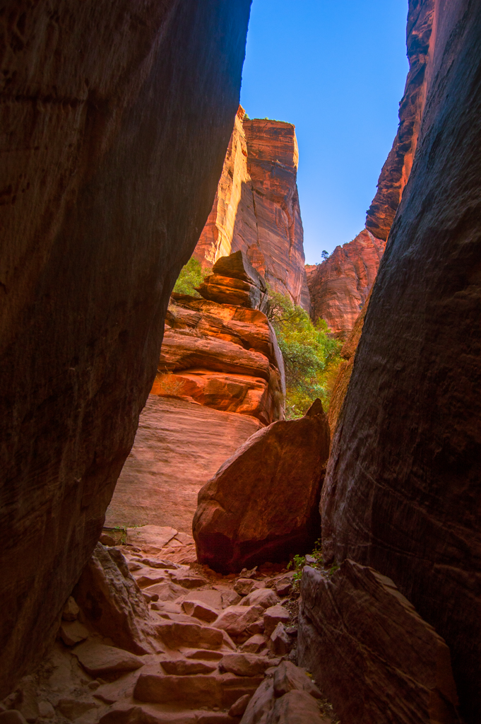 Rocky steps through a short slot in the canyon
