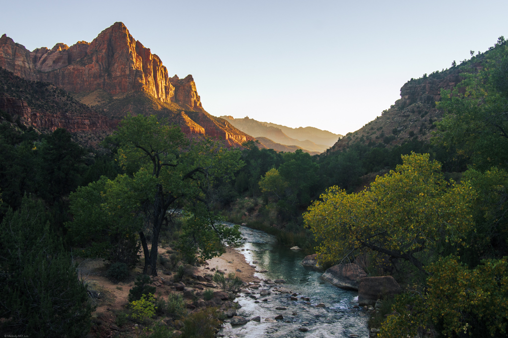 Zion Canyon and Virgin River at sunset