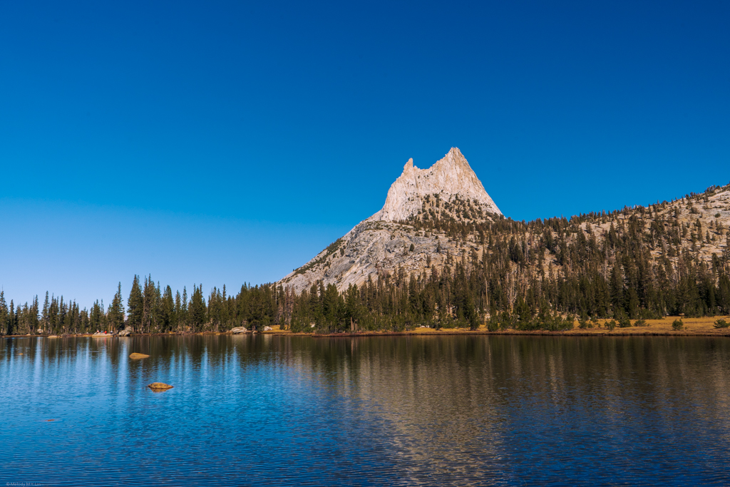 View of Cathedral Peak from the upper lake