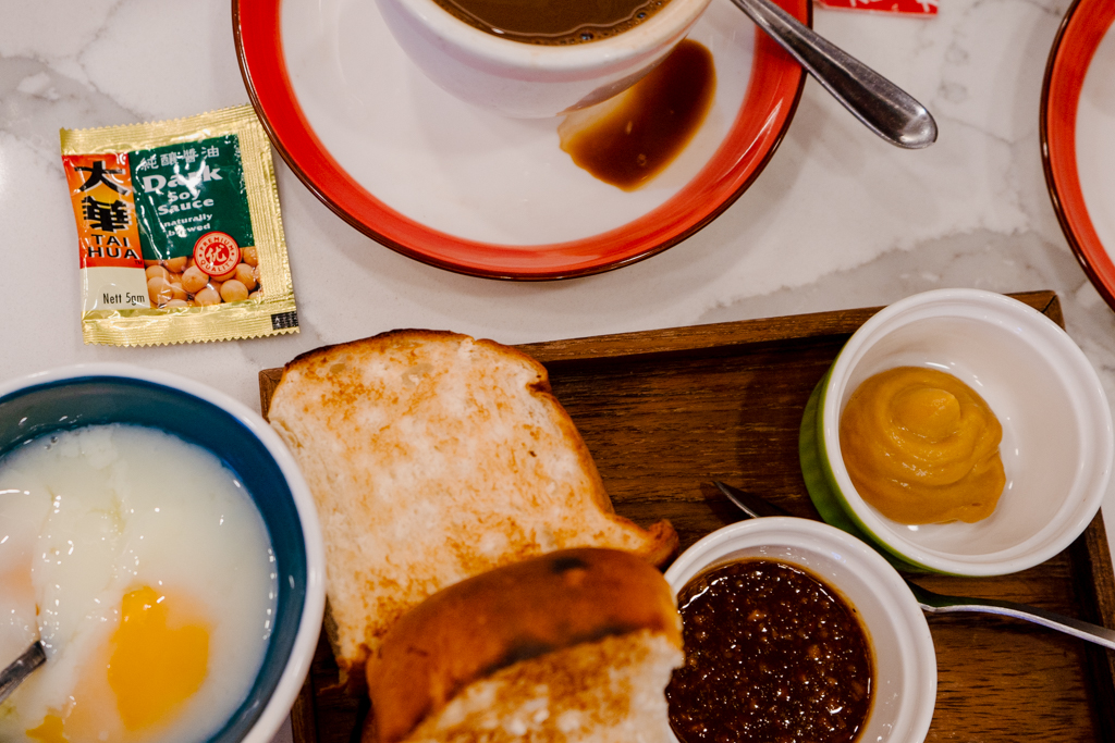 Hainanese breakfast of kaya toast, eggs, and kopi