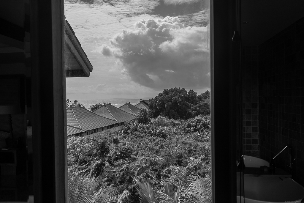 View of bungalows, jungle, and the ocean from the room