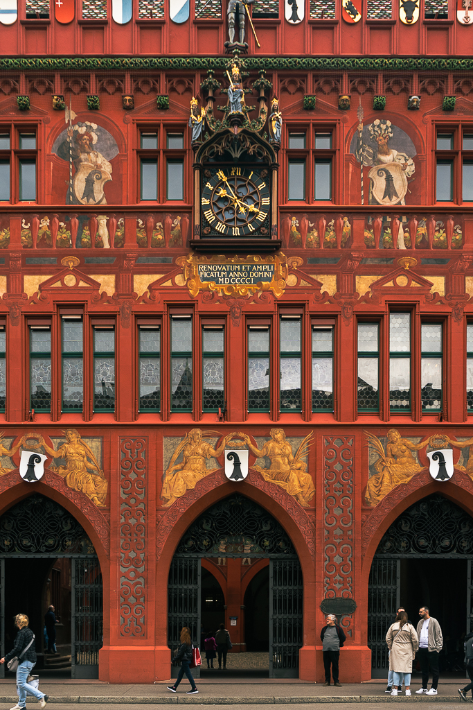 Basel Rathaus, lavishly painted in red and gold and with murals across the whole face