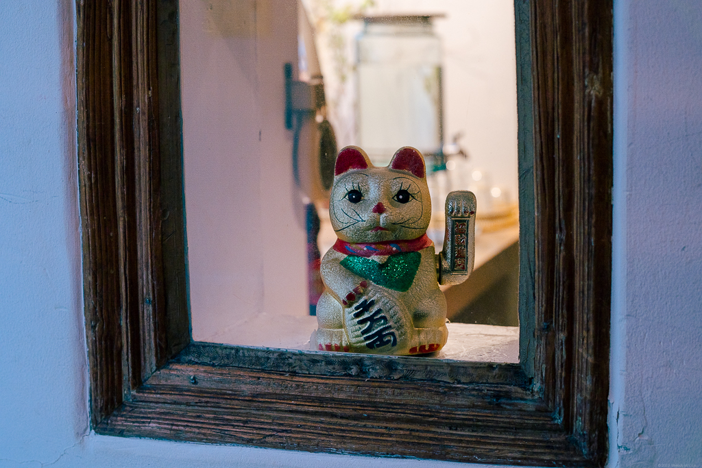 A fortune cat in one of the small windows at the bakery