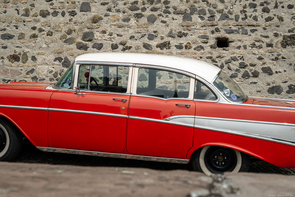 A red retro car.