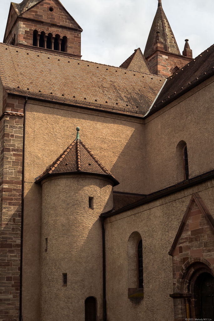 Sharp shadows on the round towers of the cathedral.