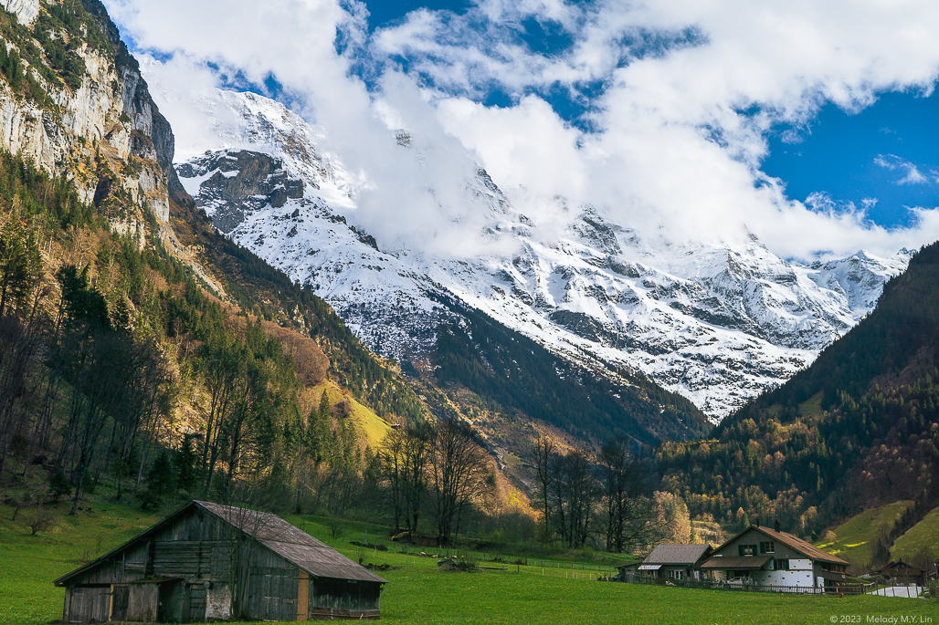 Barn houses in the foreground, with the Alps in the back