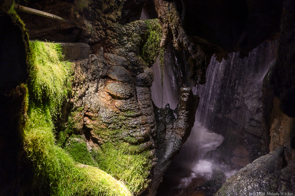 Carpets of moss line the rocks, a curtain of water falling behind