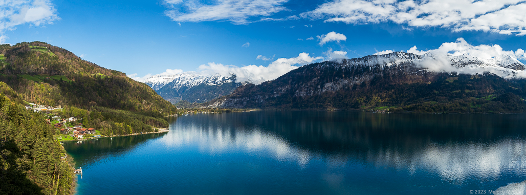 Half panorama of Lake Thun and Interlaken