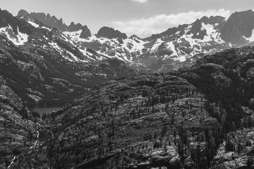 Zoomed in photo of Shadow Lake and the mountains.